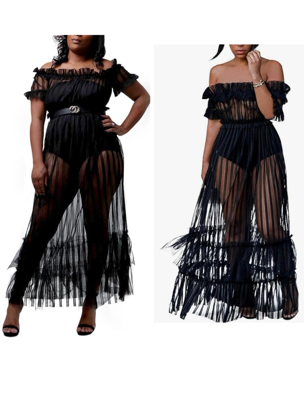 Sexy Mesh See Through Nightclub Dress Ruffle Off Shoulder Long Maxi Dress - Picture 1 of 7